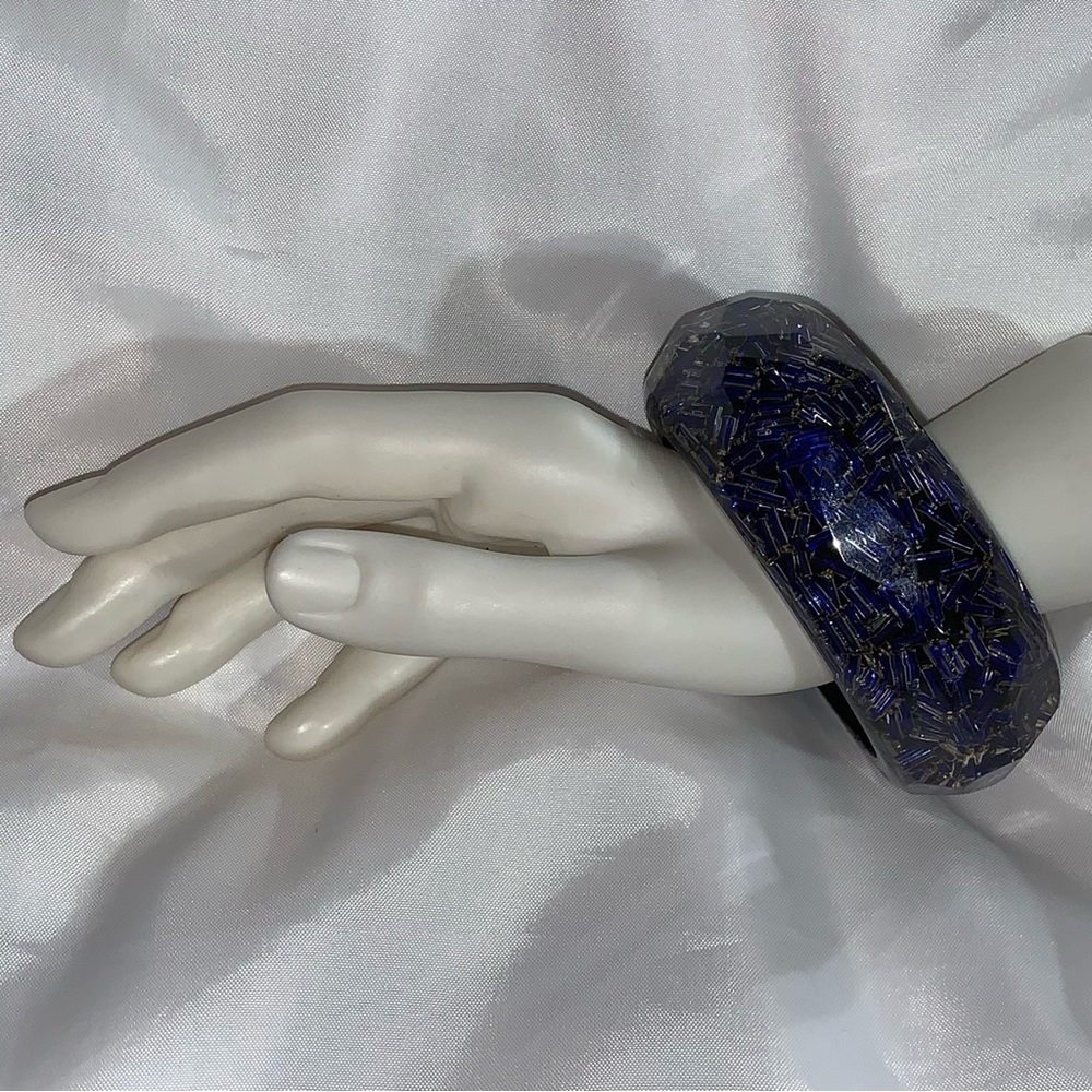 vintage MARC LABAT PARIS blue glass seed bead LACQUER resin CUFF BRACELET
